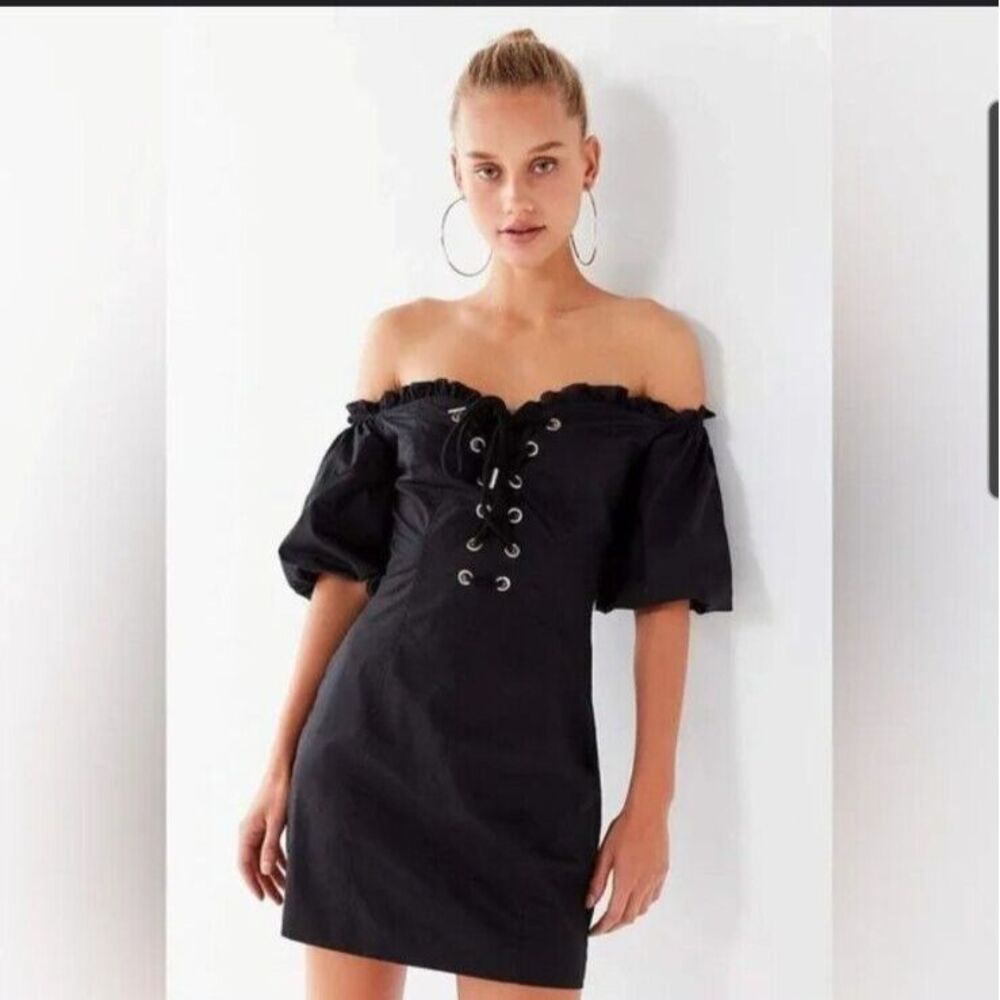 I.AM.GIA Ayla Black Lace‎ Up Sz S Off Shoulder Puff Sleeve Coquette Mini Dress